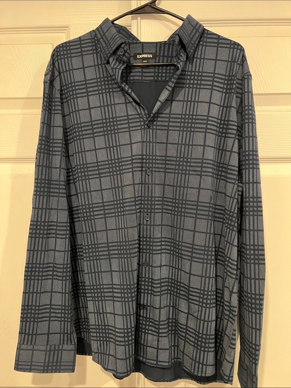 Express Men's Blue and Black Plaid Button-Down Shirt